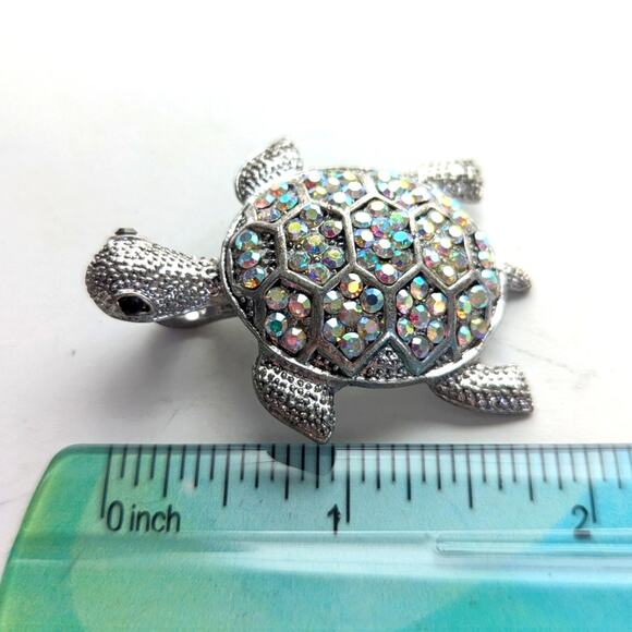 Silver Tone AB Crystal Glass Rhinestone Figural Turtle Tortoise Necklace Pendant - Picture 3 of 3